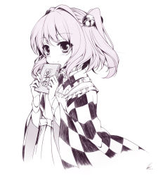 Rule 34 | 1girl, apron, bell, blush, book, checkered clothes, checkered kimono, clothes writing, hair bell, hair ornament, japanese clothes, jingle bell, kimono, long sleeves, looking at viewer, monochrome, motoori kosuzu, short hair, simple background, smile, solo, suzume miku, touhou, twintails, two side up, white background, wide sleeves