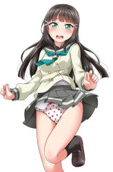 Rule 34 | 10s, 1girl, aqua neckerchief, black hair, black socks, blush, brown footwear, buttons, clenched hands, clothes lift, commentary request, double-breasted, embarrassed, food print, green eyes, hair ornament, hairclip, highres, kneehighs, kurosawa dia, loafers, long hair, long sleeves, looking at viewer, love live!, love live! sunshine!!, mole, mole under mouth, neckerchief, open mouth, panties, pleated skirt, print panties, school uniform, serafuku, shoes, simple background, skirt, skirt lift, socks, solo, standing, standing on one leg, strawberry panties, strawberry print, tie clip, underwear, white background, yopparai oni