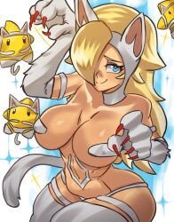 1girl absurdres animal_ears blonde_hair blue_eyes breasts cat_tail clawed_gauntlets cosplay felicia_(darkstalkers) felicia_(darkstalkers)_(cosplay) hair_over_one_eye highres large_breasts long_hair luma_(mario) mario_(series) moxydraws navel nintendo rosalina tail