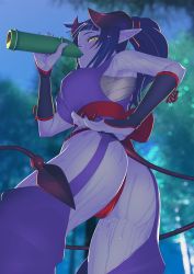 Rule 34 | 1girl, absurdres, ass, bamboo cup, bare shoulders, blue hair, blue skin, blurry, blurry background, cameltoe, colored skin, covered clitoris, covered erect nipples, cup, demon girl, demon horns, demon tail, drinking, eyelashes, fingernails, half-closed eyes, hand on own hip, highres, holding, holding cup, horns, ingco, long fingernails, long hair, nail polish, original, outdoors, pointy ears, ponytail, purple nails, red ribbon, red tail, ribbon, single bare shoulder, slit pupils, solo, sweat, tail, tree, very long fingernails, yellow eyes