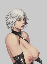 Rule 34 | 1girl, bad id, bad pixiv id, bikini, blue eyes, breasts, choker, christie (doa), cleavage, dead or alive, elbow gloves, gloves, large breasts, lips, nipples, open bikini, open clothes, short hair, silver hair, solo, swimsuit, tecmo, upper body, very short hair, xxoom
