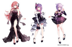 Rule 34 | 3girls, absurdres, animal ear fluff, animal ears, bag, bare shoulders, black bag, black dress, black footwear, black gloves, blue eyes, blush, braid, breasts, butterfly hair ornament, cat ears, cat girl, closed mouth, commentary request, detached collar, detached sleeves, dress, eumi 114, fingerless gloves, full body, gloves, green eyes, hair ornament, hand up, head tilt, high heels, highres, holding, holding bag, hololive, large breasts, long hair, long sleeves, looking at viewer, medium breasts, multicolored hair, multiple girls, neck garter, nekomata okayu, official art, open mouth, pink hair, puffy short sleeves, puffy sleeves, purple eyes, purple hair, short dress, short sleeves, simple background, single braid, sleeveless, sleeveless dress, small breasts, smile, standing, standing on one leg, strapless, strapless dress, takane lui, tokoyami towa, two-tone hair, virtual youtuber, white background