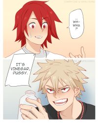 Rule 34 | 2boys, bakugou katsuki, bead necklace, beads, black shirt, blonde hair, boku no hero academia, bottle, collaboration, commentary, confused, english commentary, english text, hair between eyes, insult, jewelry, kamillyanna, kirishima eijirou, long bangs, looking at another, male focus, medium bangs, multiple boys, necklace, open mouth, red eyes, red hair, segmented comic, sharp teeth, shirt, short hair, smile, spiked hair, starrycove, sweatdrop, t-shirt, teeth, upper body, vine (company), vinegar (condiment), water bottle, white shirt