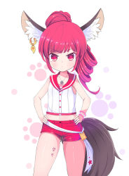 Rule 34 | 1girl, animal ear fluff, animal ears, bad id, bad pixiv id, blade &amp; soul, commission, curly hair, earrings, fox ears, fox tail, hands on own hips, jewelry, long hair, lyn (blade &amp; soul), midriff, navel, ponytail, red eyes, red hair, red shorts, shirt, short shorts, shorts, single earring, sleeveless, sleeveless shirt, smile, solo, sseopik, tail, thighs, white shirt