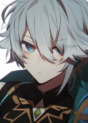 Rule 34 | 1boy, alhaitham (genshin impact), black shirt, blue eyes, cape, chest jewel, closed mouth, compression shirt, coojisan, genshin impact, grey hair, hair between eyes, hair over one eye, highres, looking at viewer, male focus, portrait, shirt, simple background, solo, white background