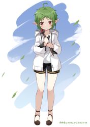 Rule 34 | 1girl, absurdres, ahoge, eleven-sora, elf, full body, green hair, hashtag-only commentary, highres, holding, holding wand, hood, hooded jacket, jacket, light blush, long sleeves, mushoku tensei, pointy ears, red eyes, shirt, short hair, shorts, solo, sylphiette (mushoku tensei), wand, white jacket