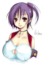 Rule 34 | 00s, 1girl, armlet, blush, breasts, cleavage, closed mouth, collarbone, eclair (kiddy grade), gem, huge breasts, jewelry, kiddy grade, large breasts, lips, looking at viewer, necklace, pendant, purple eyes, purple hair, side ponytail, simple background, smile, solo, strapless, tube top, vest, waku, white background