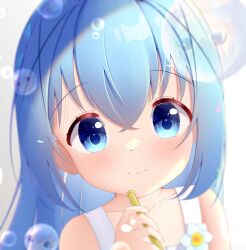 Rule 34 | absurdres, blue eyes, blue hair, bubble, child, collarbone, commentary request, dian zhi sang, dress, flower, flower ornament, gochuumon wa usagi desu ka?, highres, kafuu chino, light rays, light smile, looking at viewer, reflection, smile, soap bubble blower, soap bubbles, solo focus, white dress