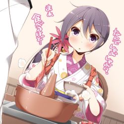Rule 34 | 10s, 1boy, 1girl, admiral (kancolle), akebono (kancolle), bell, blush, bowl, chopsticks, flower, food, hair bell, hair flower, hair ornament, hotplate, japanese clothes, jingle bell, jpeg artifacts, kantai collection, kimono, long hair, meat, nabe, parted lips, purple eyes, purple hair, side ponytail, solo focus, steam, tasuki, translation request, yume no owari