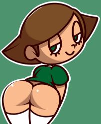 Rule 34 | 1girl, animal crossing, ass, bent over, bottomless, brown hair, from behind, green background, green eyes, green shirt, looking at viewer, looking back, nintendo, shirt, short hair, short sleeves, smile, standing, thighhighs, vilepluff, villager (animal crossing), white thighhighs