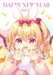 Rule 34 | 1girl, 2023, :d, \||/, alternate costume, animal ears, blonde hair, carrot, carrot background, crystal, fangs, flandre scarlet, hair between eyes, hands up, happy, happy new year, highres, looking up, mimi (mimi puru), nail polish, new year, no headwear, one side up, open mouth, pink eyes, rabbit ears, red nails, simple background, smile, solo, star (symbol), touhou, upper body, white background, wings, yellow nails