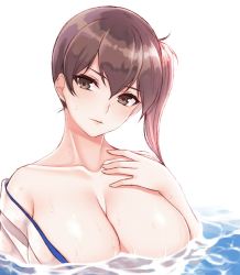Rule 34 | 1girl, bare shoulders, breasts, brown eyes, brown hair, cleavage, cocq taichou, collarbone, commentary request, expressionless, hair between eyes, hand on own chest, japanese clothes, kaga (kancolle), kantai collection, kimono, large breasts, long hair, looking at viewer, no bra, off shoulder, side ponytail, simple background, solo, water, wet, white background, white kimono
