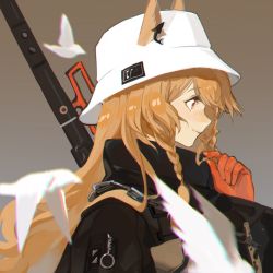Rule 34 | 1girl, arknights, bird, black jacket, blurry, blurry background, blurry foreground, braid, brown background, brown hair, ceobe (arknights), ceobe (unfettered) (arknights), chain, closed mouth, commentary request, dolphin earrings, earrings, ears through headwear, flying, gloves, hair between eyes, hand up, highres, its8b, jacket, jewelry, light blush, long hair, long sleeves, looking to the side, playing with own hair, pocket, profile, red eyes, red gloves, simple background, smile, solo, twin braids, upper body, white headwear