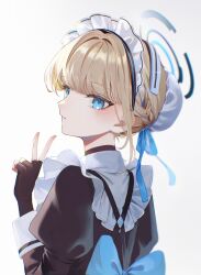 Rule 34 | 1girl, apron, back bow, black dress, black gloves, blonde hair, blue archive, blue eyes, blush, bow, bun cover, dress, fingerless gloves, gloves, hair intakes, halo, harness, highres, juliet sleeves, long sleeves, looking at viewer, looking back, magako, maid, maid headdress, pinafore dress, puffy sleeves, simple background, sleeveless dress, solo, toki (blue archive), v, white apron, white background