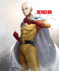 Rule 34 | 1boy, abs, absurdres, bald, belt, black eyes, bodysuit, clenched hand, copyright name, debris, determined, fighting stance, gloves, highres, jumpsuit, male focus, muscular, one-punch man, red gloves, saitama (one-punch man), shading, solo, steam, superhero costume, white background, wrinkled skin, yellow bodysuit, yngh2445, zipper, zipper pull tab