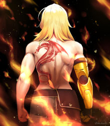 Rule 34 | 1girl, back tattoo, belt, blonde hair, butt crack, clenched hands, commentary, dragon tattoo, english commentary, fire, from behind, hair over shoulder, highres, lulu-chan92, mechanical arms, medium hair, muscular, muscular female, paid reward available, pants, paid reward available, rwby, shoulder blades, single mechanical arm, solo, tattoo, topless, yang xiao long