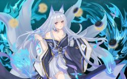 Rule 34 | 1girl, absurdres, animal ear fluff, azur lane, bare shoulders, blue eyes, breasts, cleavage, detached collar, highres, hua miao (srrs7842), japanese clothes, kimono, kitsune, kyuubi, large breasts, magic, moon phases, multiple tails, off shoulder, purple kimono, shinano (azur lane), silver hair, skirt, skirt under kimono, tail, white skirt, white tail, wide sleeves