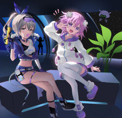 Rule 34 | 3girls, absurdres, areluna, bare legs, black footwear, boots, blowing bubbles, choker, commentary, crop top, cropped jacket, crossed legs, crossover, d-pad, d-pad hair ornament, fingerless gloves, gloves, grey eyes, grey hair, hair ornament, hand up, head tilt, highres, honkai: star rail, honkai (series), indoors, jacket, long sleeves, looking at viewer, melissa fahn, midriff, multiple girls, navel, neptune (neptunia), neptune (series), ponytail, purple eyes, purple footwear, purple gloves, purple hair, purple jacket, purple shorts, shirt, short hair, short shorts, short sleeves, shorts, silver wolf (honkai: star rail), single-shoulder shirt, sitting, stomach, thigh strap, thighhighs, thighs, voice actor connection, w, white choker, white jacket, white shirt, white thighhighs