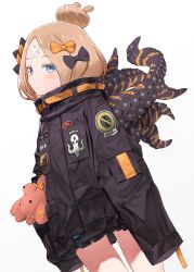 Rule 34 | 1girl, abigail williams (fate), abigail williams (traveling outfit) (fate), alternate hairstyle, animal print, bandaid, bandaid on face, bandaid on forehead, belt, black bow, black jacket, blonde hair, blue eyes, blush, bow, closed mouth, dutch angle, fate/grand order, fate (series), forehead, gradient background, grey background, hair bow, hair bun, hayashi kewi, high collar, holding, holding stuffed toy, jacket, long hair, long sleeves, looking at viewer, hugging object, official alternate costume, orange bow, parted bangs, polka dot, polka dot bow, single hair bun, sleeves past fingers, sleeves past wrists, solo, stuffed animal, stuffed toy, suction cups, teddy bear, tentacles, tiger print, white background