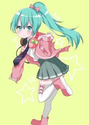 Rule 34 | 1girl, :&lt;, absurdres, aqua hair, black necktie, blue eyes, blush, boots, bow, collared shirt, commentary request, diagonal stripes, green background, green bow, grey skirt, hair bow, hamada pengin, hand up, hatsune miku, headphones, headphones around neck, high ponytail, highres, hood, hood down, hooded jacket, jacket, long hair, long sleeves, looking at viewer, looking to the side, necktie, open clothes, open jacket, parted lips, pink bow, pink footwear, pink jacket, pleated skirt, ponytail, school uniform, shirt, simple background, skirt, sleeves past wrists, solo, standing, standing on one leg, star (symbol), striped necktie, striped neckwear, thighhighs, triangle mouth, vocaloid, white shirt, white thighhighs