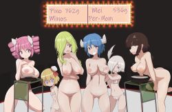 Rule 34 | 6+girls, ass, bikini, black background, blonde hair, blue eyes, blue hair, bouncing breasts, bow, breasts, brown hair, closed mouth, cow girl, cow horns, cow tail, drill hair, grabbing, grabbing another&#039;s breast, grin, hair bow, hair over one eye, hat, horns, indoors, jashin-chan dropkick, large breasts, lierre, long hair, looking at another, looking at viewer, micro bikini, mini hat, minos (jashin-chan dropkick), minos drawfag, multiple girls, navel, nipples, nude, open mouth, persephone (jashin-chan dropkick), persephone ii, pink eyes, pink hair, pino (jashin-chan dropkick), pointy ears, pussy, short hair, side-tie bikini bottom, simple background, smile, swimsuit, tachibana mei (jashin-chan dropkick), tail, twin drills, wavy mouth, weighing scale, white bikini, white hair, wide-eyed