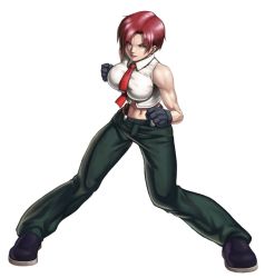 Rule 34 | 1girl, blue eyes, breasts, gloves, large breasts, lipstick, makeup, midriff, mature female, navel, necktie, pants, red hair, shinonome (game hakkutsu tai), shirt, short hair, snk, solo, suspenders, the king of fighters, vanessa (kof)