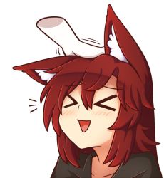 Rule 34 | &gt; &lt;, 1girl, :&gt;, :d, animal ear fluff, animal ears, blush, brown hair, closed eyes, collarbone, commentary, commission, disembodied hand, english commentary, hair between eyes, head pat, headpat, imaizumi kagerou, long hair, open mouth, portrait, simple background, smile, solo focus, touhou, white background, wolf ears, wool (miwol)