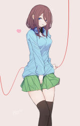 Rule 34 | 1girl, ano54, between legs, blue eyes, blue sweater, blush, brown background, brown hair, brown thighhighs, closed mouth, dress shirt, go-toubun no hanayome, green skirt, hand between legs, headphones, headphones around neck, heart, highres, long hair, long sleeves, looking at viewer, mouth hold, nakano miku, pleated skirt, school uniform, shirt, signature, simple background, skirt, solo, string, string of fate, sweater, thighhighs, white shirt