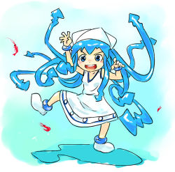 Rule 34 | 1girl, blue eyes, blue hair, blush stickers, dress, higashi, ikamusume, matching hair/eyes, shinryaku! ikamusume, shrimp, solo, tentacles, tentacle hair