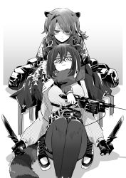 Rule 34 | 2girls, absinthe (arknights), animal ears, arknights, bag, bear ears, belt, breasts, closed mouth, creator connection, dual wielding, ear piercing, feet out of frame, freckles, gloves, gradient background, grey background, greyscale, hair between eyes, high-waist skirt, highres, holding, holding knife, iwashi 80, knife, long hair, long sleeves, looking at viewer, medium breasts, monochrome, multicolored hair, multiple girls, pantyhose, piercing, polka dot, polka dot shirt, ponytail, raccoon ears, robin (arknights), shaded face, shirt, sitting, skirt, smile, two-tone hair