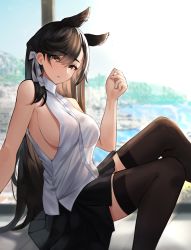 Rule 34 | 1girl, absurdres, animal ears, atago (azur lane), azur lane, black hair, black skirt, black thighhighs, blouse, breasts, brown eyes, casual, cliff, covered erect nipples, dog ears, earrings, extra ears, from side, hair ribbon, head tilt, highres, huge filesize, jewelry, large breasts, legs together, long hair, looking at viewer, lordol, mole, mole under eye, no bra, ribbon, scenery, see-through silhouette, shirt, sideboob, sitting, skirt, sleeveless, sleeveless shirt, solo, swept bangs, thighhighs, white ribbon