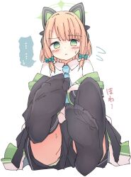 Rule 34 | 1girl, animal ear headphones, animal ears, ass, black thighhighs, blonde hair, blue archive, blush, bow, closed mouth, collared shirt, fake animal ears, green bow, green eyes, green halo, green panties, hair bow, halo, headphones, highres, jacket, kamotsu yasai, long sleeves, looking at viewer, midori (blue archive), panties, shirt, short hair, simple background, solo, thighhighs, underwear, white background, white jacket, white shirt