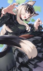 Rule 34 | absurdres, animal ears, black hair, black nails, blonde hair, blue eyes, blunt bangs, cat ears, cat girl, cat tail, dress, fangs, fingernails, frilled dress, frills, gothic lolita, green dress, highres, hime cut, hololive, hololive dev is, juufuutei raden, lolita fashion, long fingernails, long hair, multicolored hair, murechika, open mouth, sidelocks, simple background, tail, two-tone hair, virtual youtuber