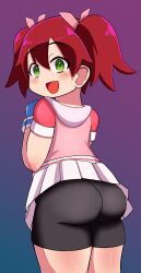 Rule 34 | 1girl, ass, bike shorts, bike shorts under skirt, brown hair, gloves, green eyes, highres, huge ass, legs, looking at viewer, looking back, open mouth, saru getchu, sayaka (saru getchu), skirt, smile, solo, thighs, twintails