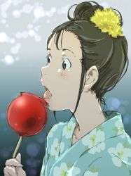 Rule 34 | 1girl, black hair, blue kimono, blush, brown eyes, candy apple, commentary, earrings, eating, floral print, flower, food, hair flower, hair ornament, highres, holding, holding food, japanese clothes, jewelry, kimono, licking, lips, monodevil, open mouth, original, portrait, raised eyebrows, teeth, upper teeth only, yellow flower, yukata
