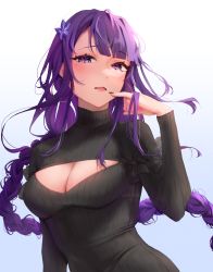 Rule 34 | 1girl, absurdres, alternate costume, arm at side, black nails, black sweater, braid, breasts, cleavage cutout, clothing cutout, commentary, finger to mouth, fingernails, flower, genshin impact, hair flower, hair ornament, highres, light blush, long hair, long sleeves, looking at viewer, low-braided long hair, low-tied long hair, medium breasts, mole, mole under eye, nail polish, nalumia, no hair ornament, open mouth, pinky to mouth, purple eyes, purple flower, purple hair, raiden shogun, ribbed sweater, simple background, solo, sweater, turtleneck, turtleneck sweater, upper body, very long hair, white background