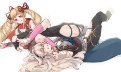 Rule 34 | 2girls, :p, alternate costume, armor, blonde hair, blush, bow, clenched teeth, corrin (female) (fire emblem), corrin (fire emblem), elise (fire emblem), fire emblem, fire emblem fates, fire emblem heroes, gloves, hair bow, hair ribbon, hairband, highres, jaegan, long hair, multiple girls, nintendo, official alternate costume, pointy ears, purple eyes, ribbon, simple background, submission hold, teeth, tongue, tongue out, twintails, white hair, wrestling