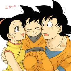 Rule 34 | 1girl, 2boys, black eyes, black hair, chi-chi (dragon ball), chinese clothes, closed eyes, dougi, dragon ball, dragonball z, earrings, family, father and son, happy, heart, hug, jewelry, looking at another, miiko (drops7), mother and son, multiple boys, open mouth, short hair, simple background, smile, son goku, son goten, spiked hair, translation request, white background