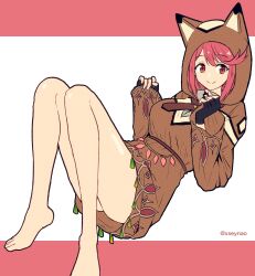 Rule 34 | 1girl, bare legs, barefoot, black gloves, bob cut, breasts, closed mouth, dangle earrings, disguised pyra (xenoblade), earrings, fingerless gloves, full body, gloves, hands up, highres, hood, hoodie, jewelry, knees up, large breasts, long sleeves, mochimochi (xseynao), pyra (xenoblade), red eyes, red hair, short hair, smile, solo, swept bangs, twitter username, xenoblade chronicles (series), xenoblade chronicles 2
