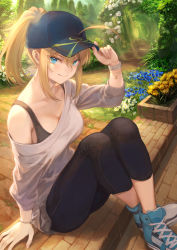 Rule 34 | 1girl, ahoge, arch, arm support, artoria pendragon (fate), baseball cap, black bra, black pants, blonde hair, blouse, blue eyes, blue footwear, bra, bracelet, breasts, capri pants, colored eyelashes, crossed ankles, day, fate/grand order, fate (series), floral arch, flower, hair between eyes, hair through headwear, hat, highres, jewelry, legs together, long hair, looking at viewer, mashuu (neko no oyashiro), medium breasts, mysterious heroine x (fate), mysterious heroine xx (fate), off-shoulder blouse, outdoors, pants, path, plant, ponytail, road, shirt, shoes, sitting, smile, sneakers, solo, sports bra, tulip, underwear, watch, white shirt, wristwatch, yellow flower, yellow tulip