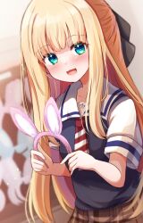 Rule 34 | 1girl, :d, animal ears, baram, black ribbon, blonde hair, blurry, blurry background, blush, brown skirt, commentary request, depth of field, green eyes, hair ribbon, hairband, highres, holding, indoors, long hair, looking at viewer, mononobe alice, mononobe alice (3rd costume), nijisanji, open mouth, pink hairband, plaid, plaid skirt, pleated skirt, puffy short sleeves, puffy sleeves, rabbit ears, ribbon, school uniform, shirt, short sleeves, skirt, smile, solo, sweater vest, very long hair, virtual youtuber, white shirt