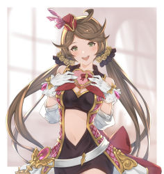 Rule 34 | 1girl, belt, black dress, blurry, blurry background, blush, border, breasts, brown hair, cleavage, cleavage cutout, clothing cutout, cowboy shot, detached sleeves, dress, gift, gloves, granblue fantasy, green eyes, hair ornament, hair scrunchie, harie (granblue fantasy), hat, long hair, looking at viewer, medium breasts, mini hat, navel, navel cutout, open mouth, outside border, scrunchie, smile, solo, teeth, twintails, upper teeth only, white border, white gloves, window, wuming