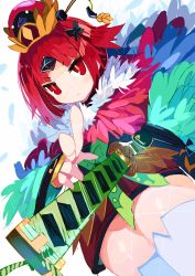 Rule 34 | 1girl, :&lt;, benienma (fate), benienma (third ascension) (fate), bird hat, black bow, blunt bangs, bow, fate/grand order, fate (series), feather trim, feathers, foreshortening, gauntlets, green bow, hair bow, hat, highres, katana, lens flare, miyakawa106, obi, red eyes, red hair, sash, sheath, simple background, solo, sword, thighhighs, tsurime, unsheathing, weapon, white background, white thighhighs