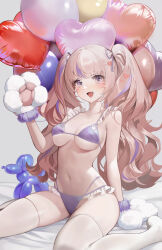 Rule 34 | 1girl, absurdres, animal hands, arm support, balloon, bare arms, bare shoulders, bikini, breasts, chungla, commentary, frilled bikini, frills, gloves, grey background, hand up, heart balloon, highres, light brown hair, long hair, looking at viewer, medium breasts, multi-strapped bikini, navel, open mouth, original, paw gloves, purple background, purple eyes, sidelocks, sitting, solo, stomach, swimsuit, symbol-only commentary, thighhighs, thighs, twintails, underboob, wariza, wavy hair, white gloves, white thighhighs