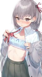 Rule 34 | blush, bow, bow bra, bowtie, unworn bowtie, bra, breasts, cardigan, cinderella bust, collarbone, collared shirt, frilled bra, frills, grey eyes, grey hair, hair ribbon, highres, long hair, looking at viewer, low twintails, midriff, namikishiho, navel, open cardigan, open clothes, open shirt, original, parted lips, pleated skirt, red ribbon, ribbon, school uniform, shirt, skirt, sleeves past wrists, small breasts, solo, twintails, underwear, undressing, very long hair, white shirt