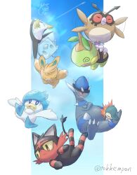 Rule 34 | @ @, artist name, blue sky, creatures (company), cyndaquil, eiscue, eiscue (ice), falling, flapping, full body, game freak, gen 2 pokemon, gen 4 pokemon, gen 7 pokemon, gen 8 pokemon, highres, hoothoot, litten, nintendo, no humans, pawmi, pokemon, pokemon (creature), quaxly, rampardos, sky, tokkempon, turtwig