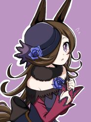 Rule 34 | 1girl, animal ears, armpit crease, bare shoulders, blue flower, blue rose, blush, breasts, brown hair, clenched hands, dress, emapippi, flower, flying sweatdrops, fur choker, hair over one eye, hands up, hat, highres, horse ears, long hair, looking at viewer, off-shoulder dress, off shoulder, open mouth, outline, purple background, purple eyes, rice shower (umamusume), rose, small breasts, solo, umamusume, upper body, white outline