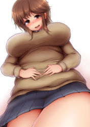 Rule 34 | 1girl, amagami, belly, blush, breasts, brown eyes, brown hair, commentary request, fat rolls, hand on own stomach, highres, large breasts, looking at viewer, looking down, miniskirt, open mouth, plump, ponponmaru, sakurai rihoko, short hair, skirt, smile, solo, sweat, sweater, thick thighs, thighs