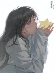 Rule 34 | 1girl, black hair, blue eyes, blush, buheli61789, crescent print, crying, eyelashes, fingernails, from side, hands up, highres, holding, holding toy, long hair, long sleeves, looking away, mole, mole on cheek, original, oversized clothes, parted lips, shirt, simple background, sleeves past wrists, solo, star (symbol), toy, upper body, white background, white shirt