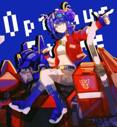 Rule 34 | 1boy, 1girl, autobot, blue background, blue eyes, blue footwear, blue gloves, boots, breasts, character name, cropped shirt, finger gun, fingerless gloves, gloves, grey thighhighs, highres, jacket, jewelry, kotobukiya bishoujo, looking to the side, matrix of leadership, mecha, necklace, on mecha, optimus prime, optimus prime (kotobukiya bishoujo), red jacket, robot, science fiction, shirt, sitting, sitting on shoulder, small breasts, thighhighs, transformers, white shirt, ziopo